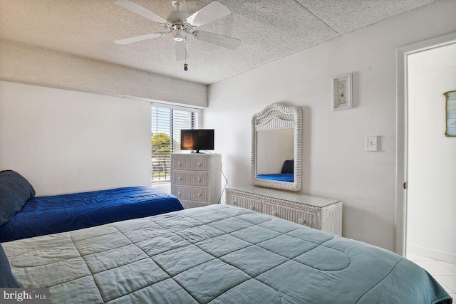 bedroom with a textured ceiling and ceiling fan