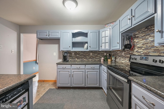 113 Fieldbrook, Magnolia, DE 19962 - kitchen featuring stainless steel electric stove, dark countertops, and backsplash