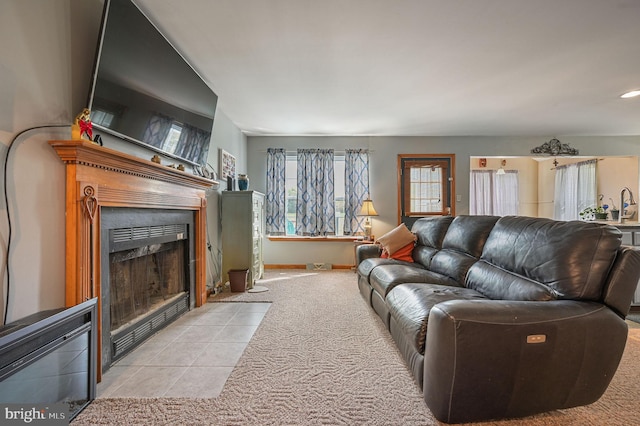 113 Fieldbrook, Magnolia, DE 19962 - living room featuring a fireplace with flush hearth, light colored carpet, and baseboards