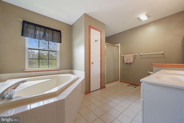 113 Fieldbrook, Magnolia, DE 19962 - full bath with tile patterned floors, a bath, a stall shower, vanity, and baseboards