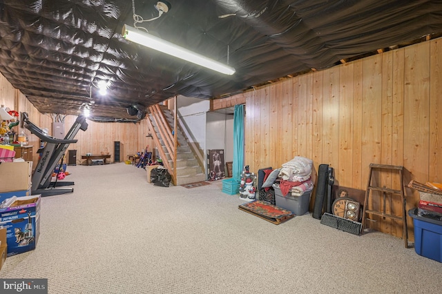 113 Fieldbrook, Magnolia, DE 19962 - unfinished basement with carpet flooring, stairs, and wooden walls