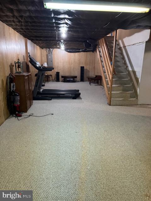 113 Fieldbrook, Magnolia, DE 19962 - finished basement featuring wood walls, stairs, electric panel, and carpet
