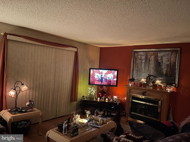 1108 Lilly Ln, Jackson, NJ 08527 - living area with a textured ceiling, a glass covered fireplace, and wood finished floors