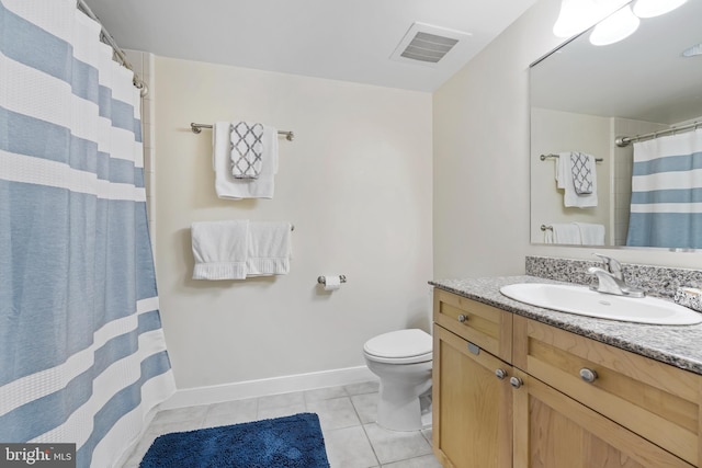 full bathroom with vanity, tile patterned flooring, visible vents, toilet, and baseboards