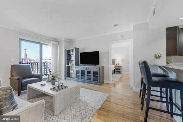 living area with ornamental molding, baseboards, light wood-type flooring, and a textured ceiling