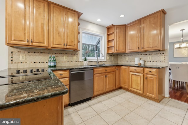 kitchen featuring light tile patterned floors, open shelves, black electric cooktop, dark stone counters, and stainless steel dishwasher
