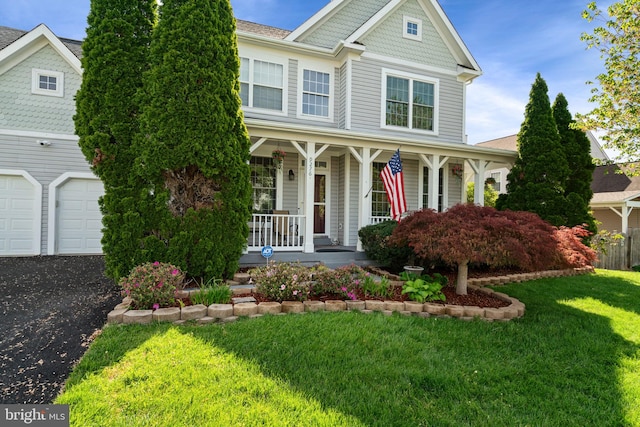 traditional-style home featuring roof with shingles, a porch, a garage, a front yard, and aphalt driveway