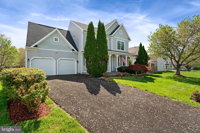 traditional-style home featuring aphalt driveway, a front lawn, an attached garage, covered porch, and roof with shingles