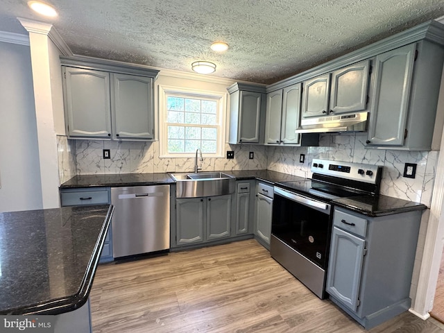 kitchen with a sink, ornamental molding, appliances with stainless steel finishes, light wood-style flooring, and under cabinet range hood