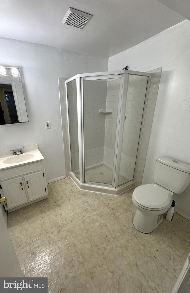 full bath featuring tile patterned floors, visible vents, a shower stall, and toilet