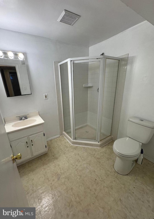 full bath featuring toilet, visible vents, vanity, and a stall shower