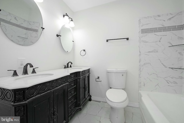 bathroom with baseboards, marble finish floor, a sink, and toilet