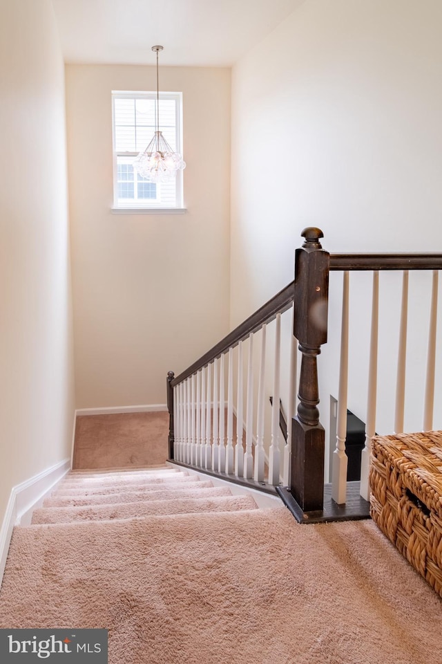 stairway with baseboards, carpet, and a chandelier