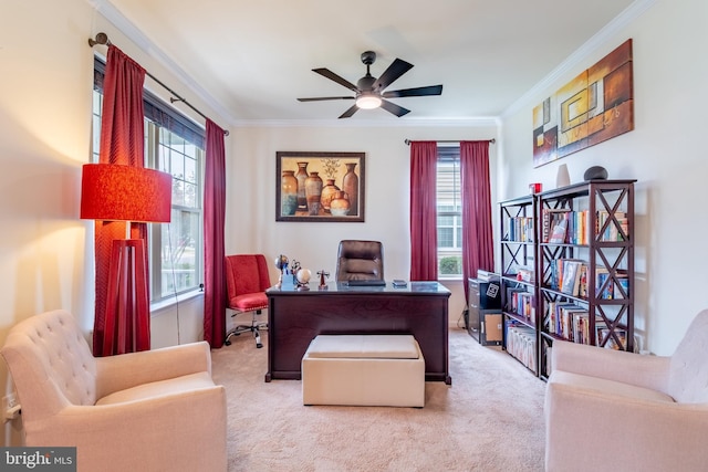 office area featuring a ceiling fan, light colored carpet, and ornamental molding