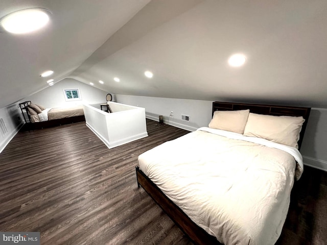 14427 Seneca Rd, Germantown, MD 20874 - bedroom with dark wood-style flooring, baseboards, lofted ceiling, and recessed lighting