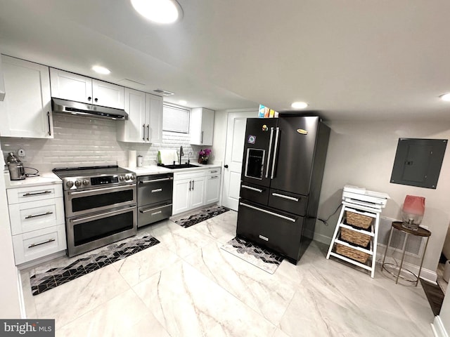 14427 Seneca Rd, Germantown, MD 20874 - kitchen featuring black fridge, electric panel, under cabinet range hood, range with two ovens, and dishwashing machine
