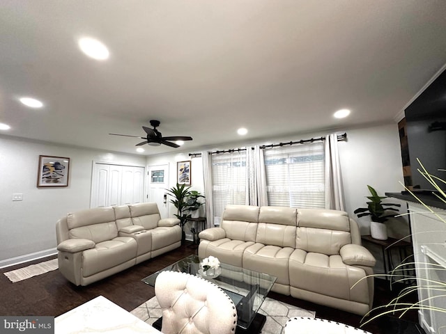 14427 Seneca Rd, Germantown, MD 20874 - living room with recessed lighting, wood finished floors, a ceiling fan, and baseboards