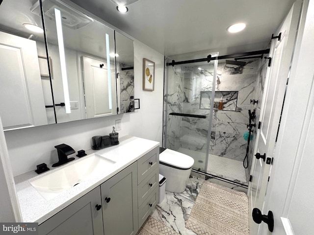 14427 Seneca Rd, Germantown, MD 20874 - bathroom with marble finish floors, vanity, toilet, a marble finish shower, and recessed lighting