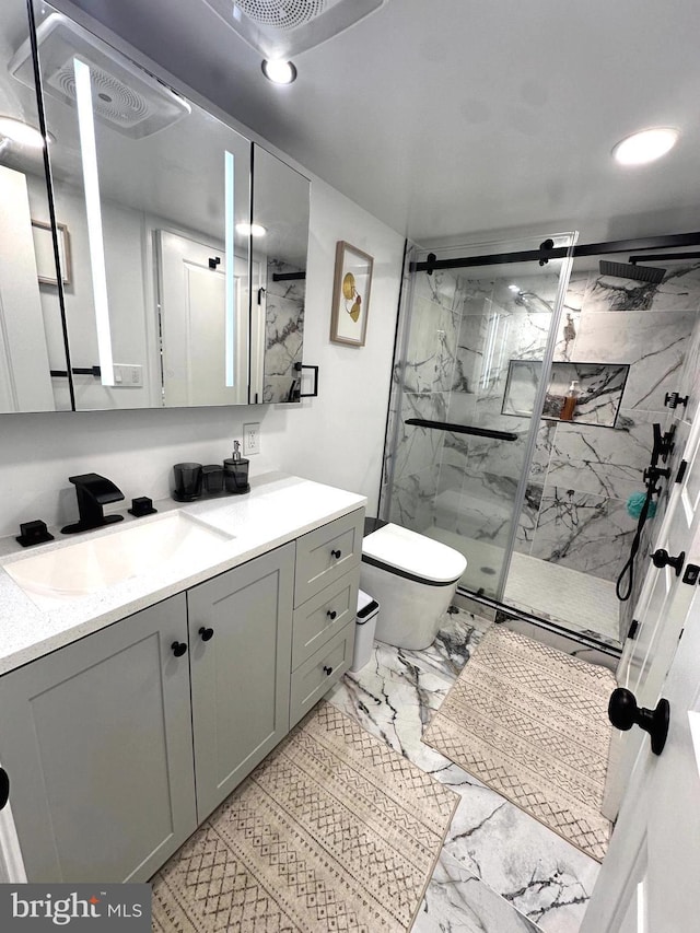 14427 Seneca Rd, Germantown, MD 20874 - full bathroom with marble finish floors, vanity, a marble finish shower, toilet, and recessed lighting