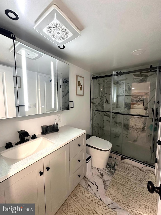 14427 Seneca Rd, Germantown, MD 20874 - full bath featuring marble look tiles, vanity, a marble finish shower, and toilet