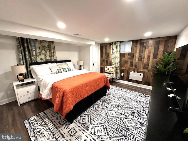 14427 Seneca Rd, Germantown, MD 20874 - bedroom with wood walls, wood finished floors, baseboards, recessed lighting, and heating unit
