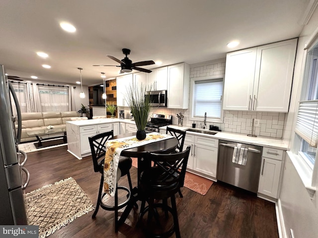 14427 Seneca Rd, Germantown, MD 20874 - kitchen with stainless steel appliances, a sink, a peninsula, white cabinetry, and backsplash