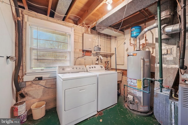 laundry area with a sink, washer and clothes dryer, electric panel, and gas water heater