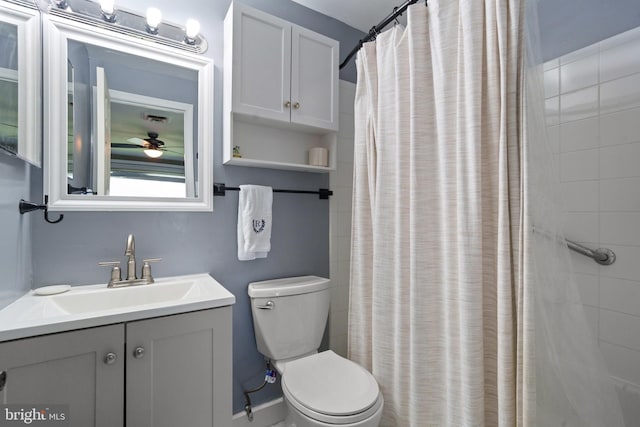 1513 Millikens Bend Rd, Herndon, VA 20170 - bathroom featuring toilet, a ceiling fan, vanity, and a shower with curtain