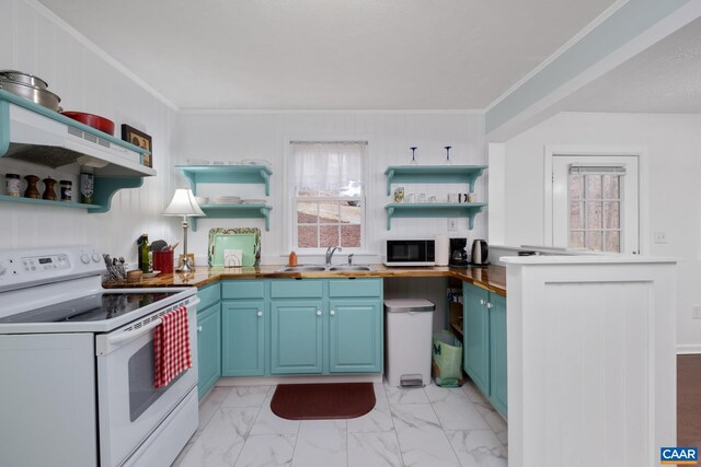115 Circle Rd, Stanardsville, VA 22973 - kitchen with blue cabinets, a sink, open shelves, and white appliances