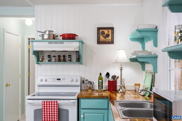 115 Circle Rd, Stanardsville, VA 22973 - kitchen featuring a sink, wood counters, under cabinet range hood, electric stove, and blue cabinets