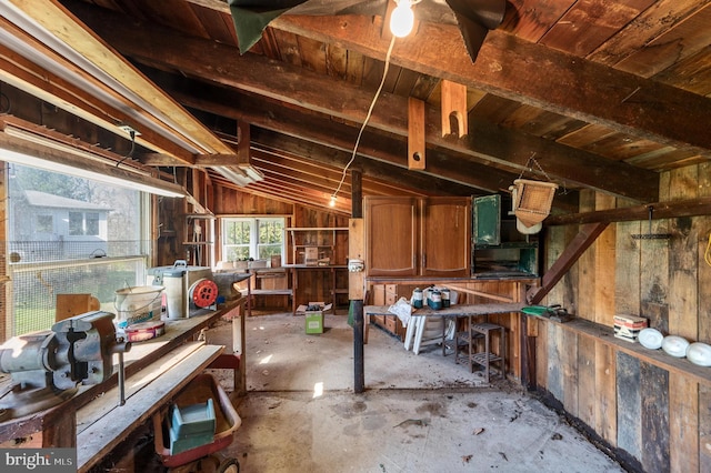 miscellaneous room with vaulted ceiling and wood walls