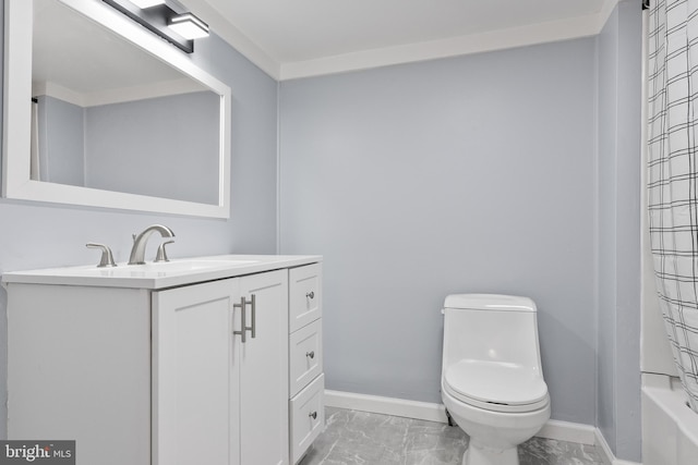 full bath featuring toilet, marble finish floor, baseboards, and vanity