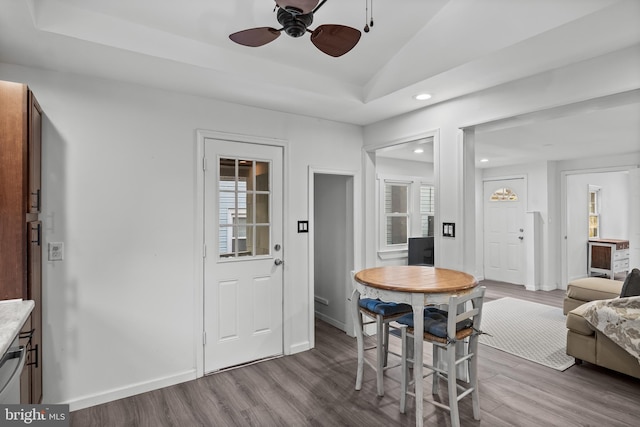 13 Mary St, Pemberton, NJ 08068 - dining area with wood finished floors, recessed lighting, ceiling fan, and lofted ceiling
