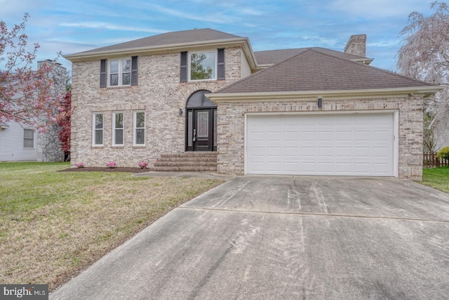 view of front of property featuring driveway, a chimney, a garage, brick siding, and a front lawn