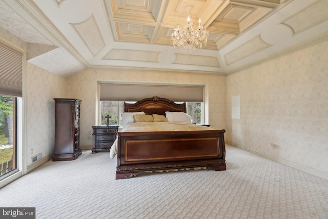 bedroom featuring an inviting chandelier, coffered ceiling, multiple windows, and light carpet