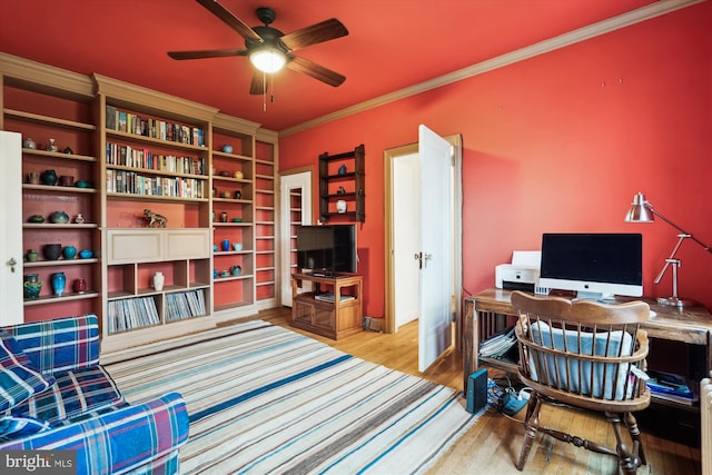 office with ornamental molding, ceiling fan, and wood finished floors