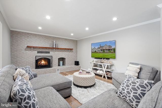 living area with crown molding, wood finished floors, a fireplace, and recessed lighting