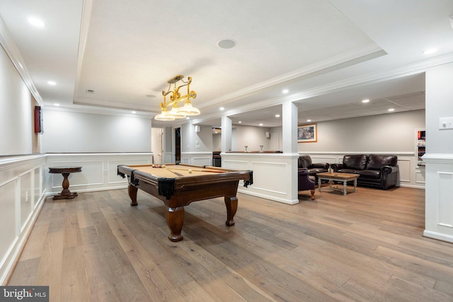 recreation room featuring crown molding, recessed lighting, light wood finished floors, wainscoting, and pool table