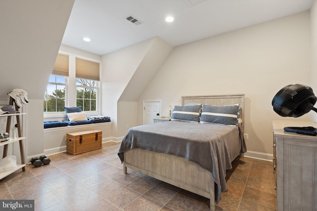 bedroom with baseboards, visible vents, and recessed lighting