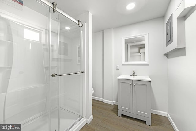 full bathroom featuring vanity, a stall shower, and wood finished floors