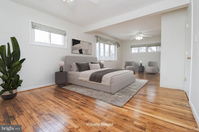 827 Crothers Ln, Rockville, MD 20852 - bedroom with ceiling fan, light wood finished floors, beamed ceiling, and baseboards