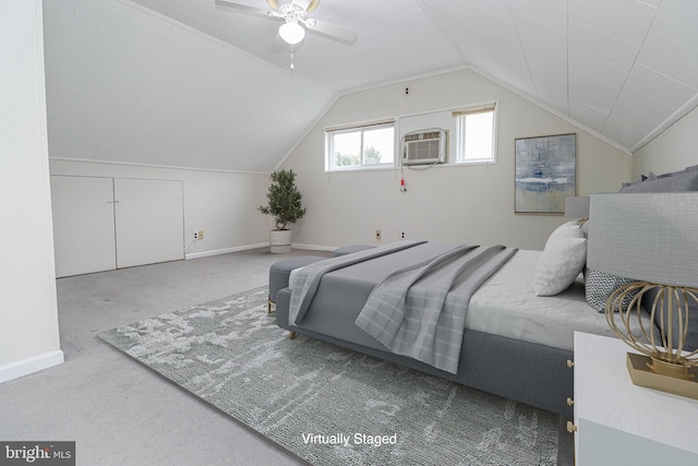 827 Crothers Ln, Rockville, MD 20852 - bedroom featuring carpet, a wall unit AC, a ceiling fan, vaulted ceiling, and baseboards