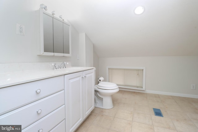 827 Crothers Ln, Rockville, MD 20852 - bathroom with visible vents, toilet, vanity, tile patterned floors, and lofted ceiling