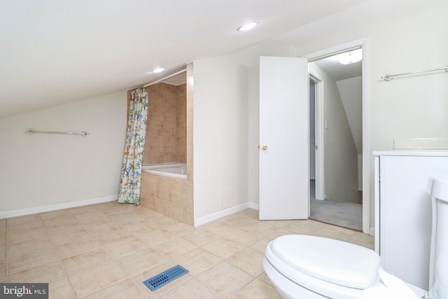827 Crothers Ln, Rockville, MD 20852 - bathroom with vaulted ceiling, recessed lighting, tiled shower / bath combo, tile patterned floors, and baseboards