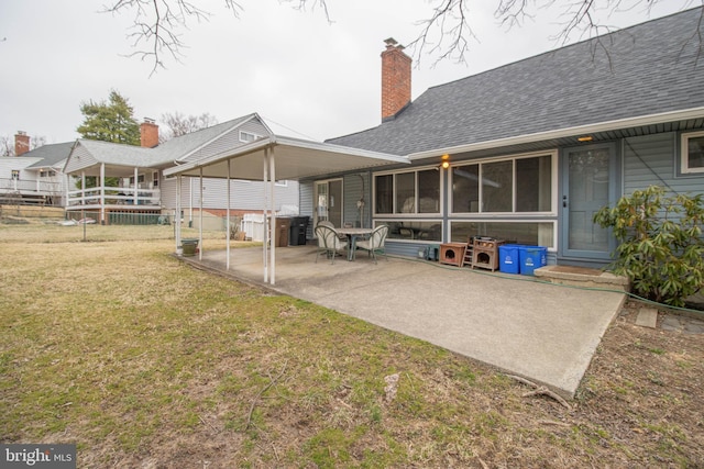 827 Crothers Ln, Rockville, MD 20852 - rear view of property featuring a patio, roof with shingles, a chimney, fence, and a lawn