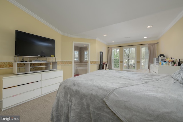 bedroom with crown molding and recessed lighting
