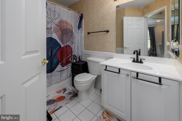 full bath featuring tile patterned floors, wallpapered walls, vanity, curtained shower, and toilet