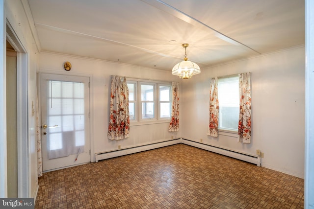 139 Kimport Ave, Boalsburg, PA 16827 - unfurnished dining area with ornamental molding, a baseboard heating unit, a chandelier, and tile patterned floors