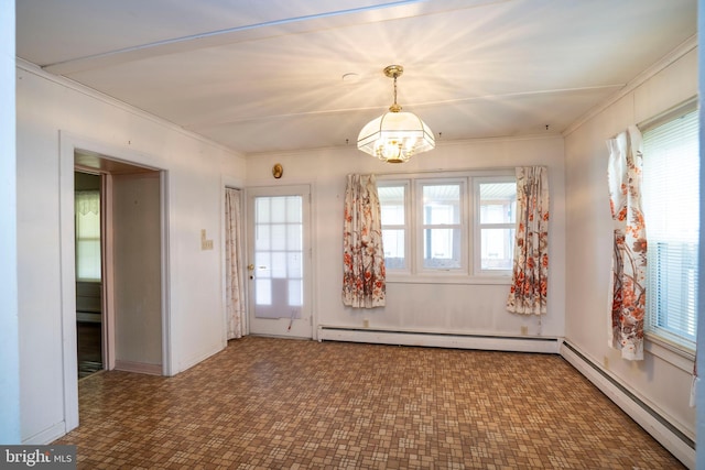 139 Kimport Ave, Boalsburg, PA 16827 - unfurnished dining area with a chandelier, a baseboard heating unit, plenty of natural light, baseboard heating, and ornamental molding