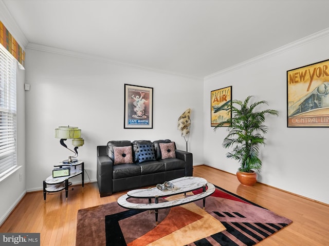 living room with wood finished floors, baseboards, and ornamental molding